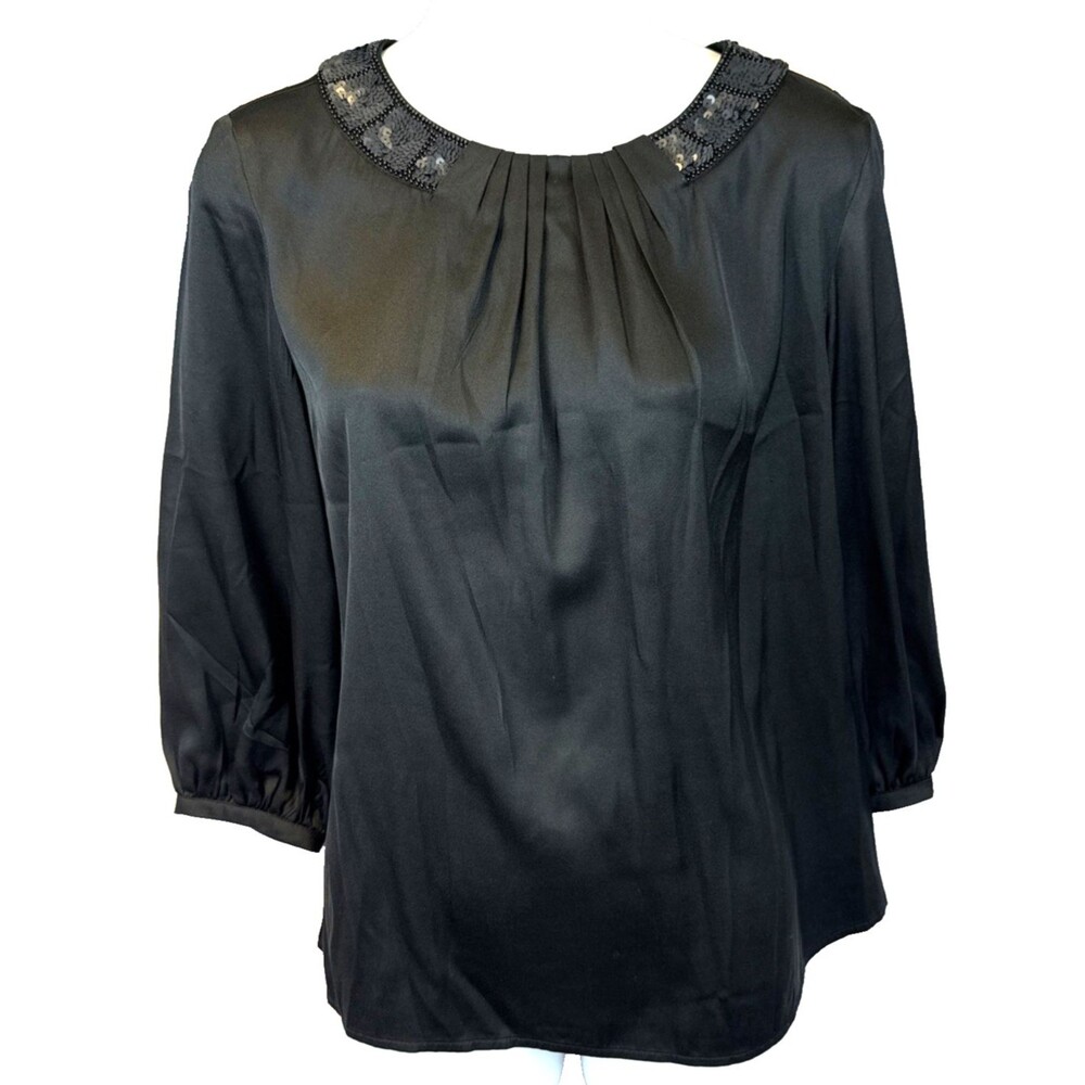 Talbots Black Label 12P Silk Sequin Beaded Pleated High Neck Blouse Blouson